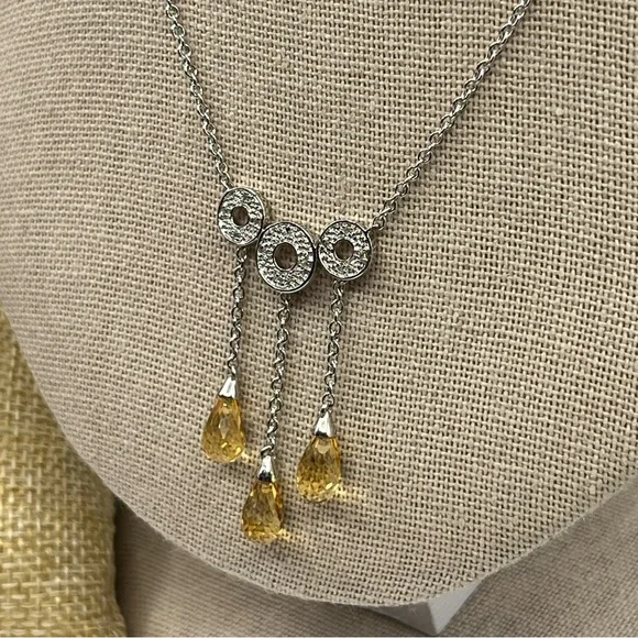 Vintage 10KT White Gold Necklace with Citrine Briolette Drops & Diamond Accents - Picture 5 of 15